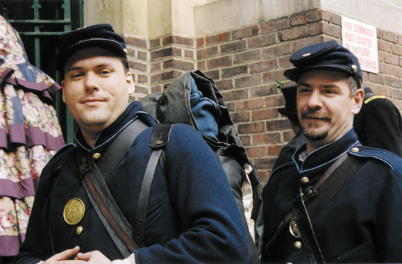 <em>Kevin Ryan (left) and Kevin McCreedy (right) leave the 69th Regiment Armory to take the subway uptown to the St. Patrick's Day Parade. Ryan was in the film <strong>Gods and Generals</strong>. McCreedy is the only member of the brigade born in Ireland (Armagh).</em>