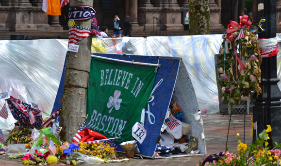 A makeshift memorial to the victims of the Boston Marathon bombings. Photo: Colette Quinlin.