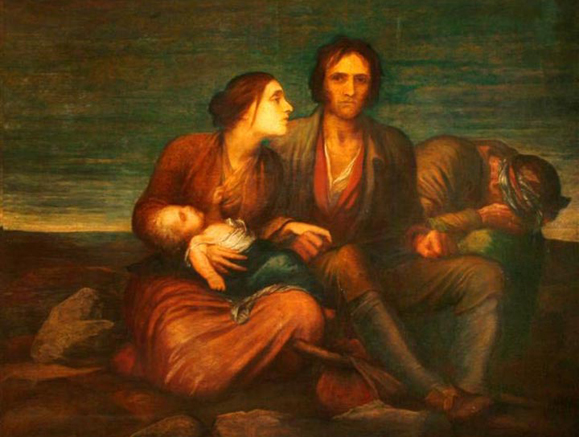 The Irish Famine, painted by George Frederic Watts c. 1848-1850, depicts a young family evicted from their home. The Watts Gallery.