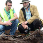 Jason Phelan, who found the prehistoric remains, and Eamon Kelly, Keeper of Irish antiquities at the National Museum at the Bord Na Móna Cashel bog outside of Portlaoise. Photo: Alf Harvey.