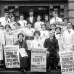 Rosie Hackett and Delia Larkin (front, center) with workers on the steps of Liberty Hall