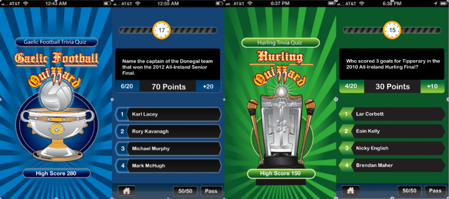 Screen shots with sample questions from web designer Martin Sheerin's new Gaelic football and hurling trivia apps.