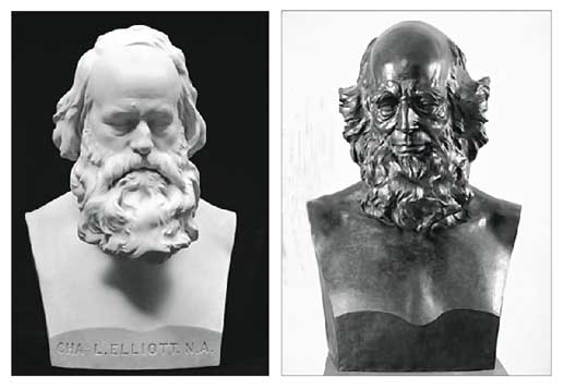 Left: Portrait bust of Charles Loring Elliott (1870). Right: Portrait bust of William C. Bryant (1864). Both busts are owned by Metropolitan Museum of Art, New York City.