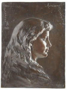 Bronze plaque depicting bust length portrait of Antoinette Eno Pinchot, signed Launt Thompson 1883.
