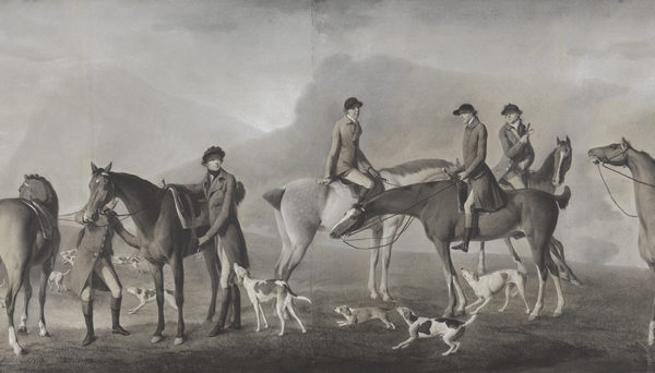 Tom Conolly of Castletown Hunting with his Friends, 1769. Robert Healy, Irish, 1743-1771. Grand-nephew of Ireland’s richest commoner Donegal-born William Conolly (1669) who went on to become Speaker of the Irish House of Commons. Very Rare and unique Pastel, chalks, and gouache on paper (20 1/4 x 53 1/2 in.) On loan from Yale Center for British Art, Paul Mellon Collection.