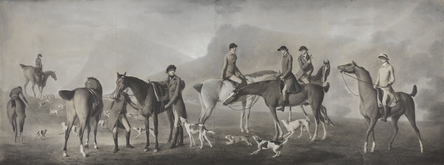 Tom Conolly of Castletown Hunting with his Friends, 1769. Robert Healy, Irish, 1743-1771. Grand-nephew of Ireland’s richest commoner Donegal-born William Conolly (1669) who went on to become Speaker of the Irish House of Commons. Very Rare and unique Pastel, chalks, and gouache on paper (20 1/4 x 53 1/2 in.) On loan from Yale Center for British Art, Paul Mellon Collection.