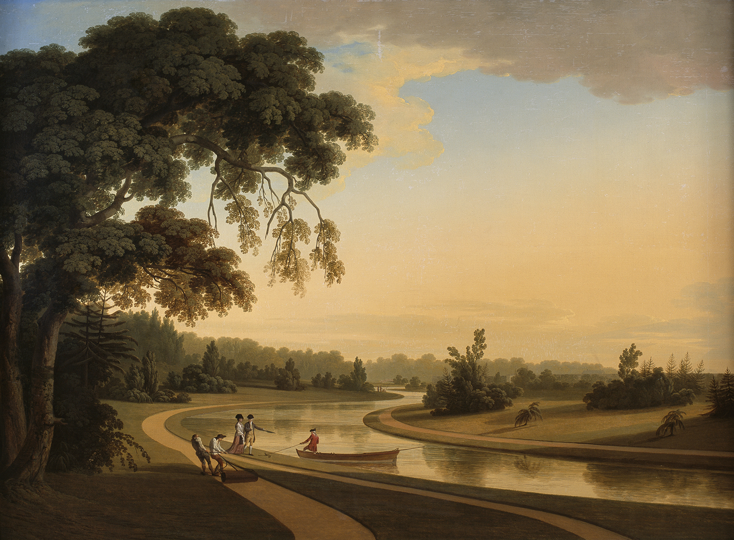 The Sheet of Water at Carton, County Kildare with the Duke and Duchess of Leinster and gardeners rolling a serpentine path, 1775 – 76.  Private Collection. Thomas Roberts. Carton was the birthplace of  patriot Lord Edward Fitzgerald, son of the first Duke and Duchess of Leinster. 
