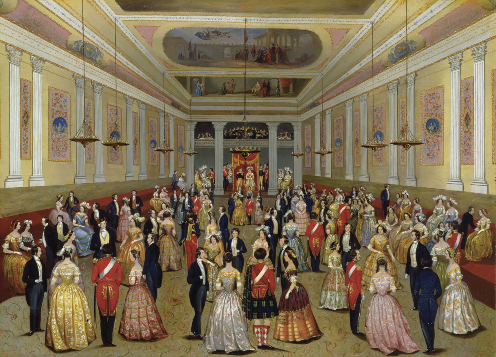 The State Ballroom, St. Patrick’s Hall, Dublin Castle. F.J. Davis, c.1845. This work records one of the major occasions of Dublin’s annual social calendar. Until 1922 the castle was the seat of British Government rule in Ireland. It is now part of the Government of Ireland’s official buildings. On loan from the Brian P. Burns Collection of Irish Art. 