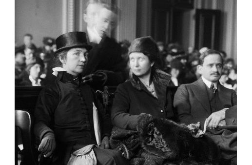 18 Jan 1916 --- Mrs. Margaret Sanger (L) with her sister, Ethel Byrne, seated in court. Mrs. Sanger is on trial for sending her book The Woman Rebel through the mail. (Image by © Bettmann/CORBIS)