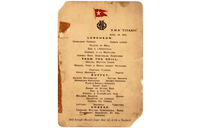 This undated photo provided by Lion Heart Autographs shows the Titanicís last lunch menu, which is going to auction and is estimated to bring $50,000 to $70,000. The menu - saved by a passenger who climbed aboard the so-called ìMoney Boatî before the ocean liner went down - will be sold by Lion Heart Autographs, an online New York auctioneer, along with two other previously unknown artifacts from Lifeboat 1 on Sept. 30, 2015. The auction marks the 30th anniversary of the wreckageís discovery at the bottom of the Atlantic Ocean. (Lion Heart Autographs via AP)