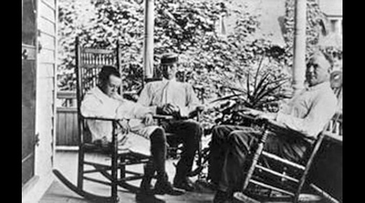 Eugene O’Neill, his brother Jamie, and his father James on the porch of Monte Cristo Cottage in New London, their summer home.