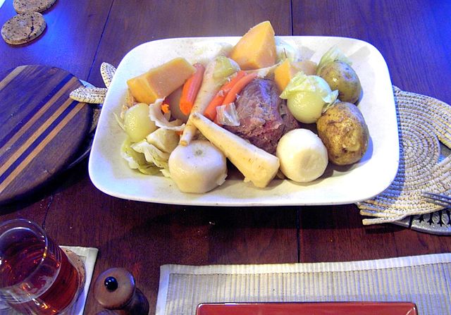 A traditional New England boiled dinner with cabbage, potato, white turnip, rutabaga, carrot, onion, and parsnip