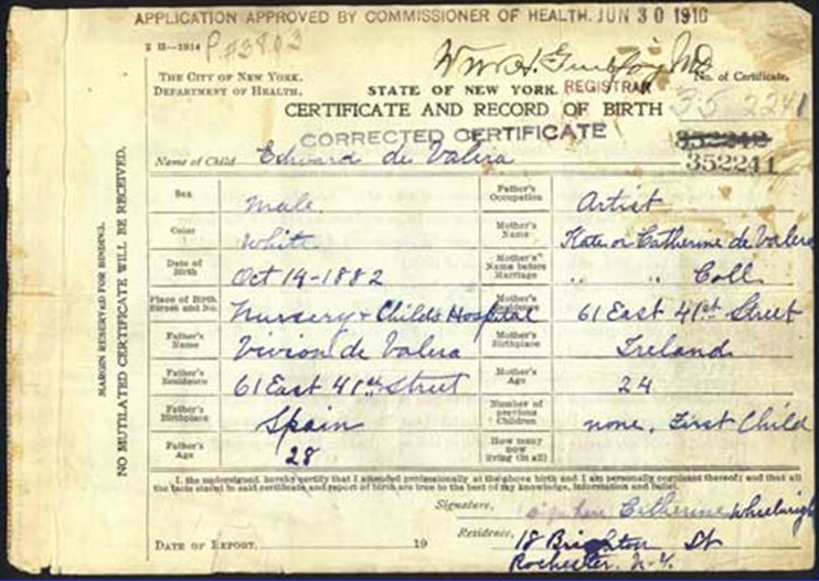 Corrected birth certificates of Éamon de Valera (image courtesy of New York City Department of Records).