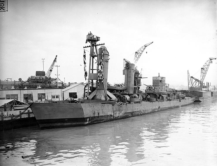 At the Mare Island Navy Yard, circa mid-February 1942, with a temporary bow before final repairs. Official U.S. Navy Photograph, from the collections of the Naval Historical Center.