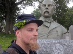 Pictured at the dedication of the monument to General Thomas Francis Meagher at Brooklyn’s Green-Wood Cemetery is Jessie Meagher, great, great grandnephew to Meagher. Jessie is dressed as a soldier in the 69th New York 1st Irish Brigade, which Meagher commanded. He had a sprig of boxwood in his hat to recall General Meagher’s distribution of the greenery before Fredericksburg.