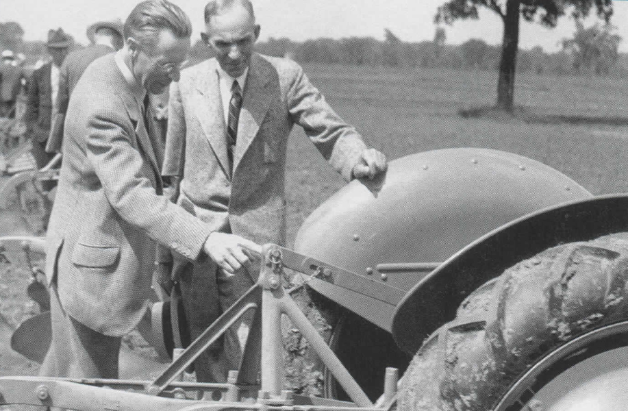 Harry Ferguson and Henry Ford photographed at the 1939 press introduction of their Ford-Ferguson 9N. Photo: thehenryford.org