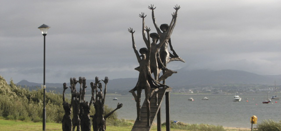 A bronze sculpture commemorating the Flight of the Earls in Rathmullan, County Donegal. It was from here that Rory O'Donnell (known as Red Hugh), the Earl of Tyrconnell (with his brother Cathbharr), and Hugh O'Neill, the Earl of Tyrone (with his son Hugh, the baron of Dungannon), and some 90 of their followers set sail for mainland Europe on September 4, 1607.