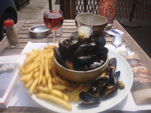 <em>Moules frites with rose and pastis.</em>