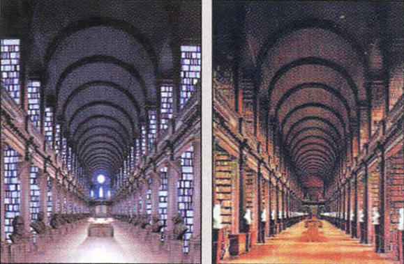 Identical twins? Left: Jedi Archives; Right: Trinity College's historic Long Room Library.
