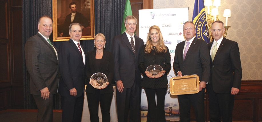 Sean Flatley, President of the Irish American Business Chamber & Network; Col. Tom Manion, Chairman Emeritus, and Ryan Manion, Preisdent, of the Travis Manion Foundation; Daniel & Sarah Keating; Liam Kelly, CEO of Teleflex; Kevin Kent, Chairman of the Irish American Business Chamber & Network.