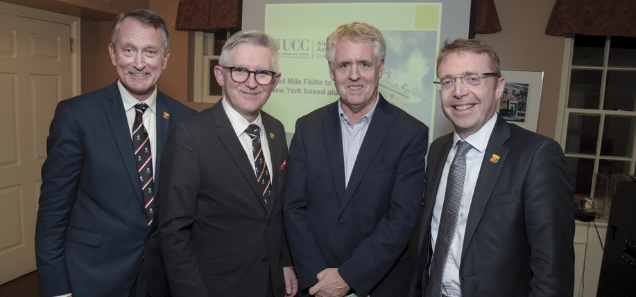 L-R: Rob Donelson, Executive Director of Development and Alumni Relations UCC; Prof. Patrick O'Shea, President of UCC; Prof. Kevin Kenny, Director of Glucksman Ireland House NYU; and Ciarán Madden, Ireland's Consul General to New York.
