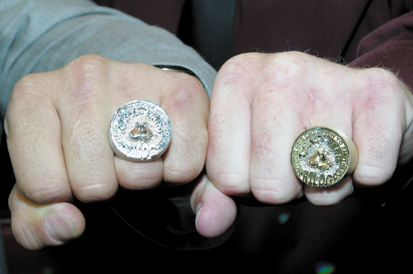 <em>Arturo Gotti and Ward pose with their new trilogy rings that Arturo had made and gave to Micky as a retirement gift. In the last fight of his career Ward lost by a decision to Gotti. The two are friends, and each received $1 million from HBO for the fight which took place in Atlantic City in June.</em>
