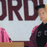 Father O'Hare with actor Liam Neeson who received an honorary Doctor of Fine Arts degree.