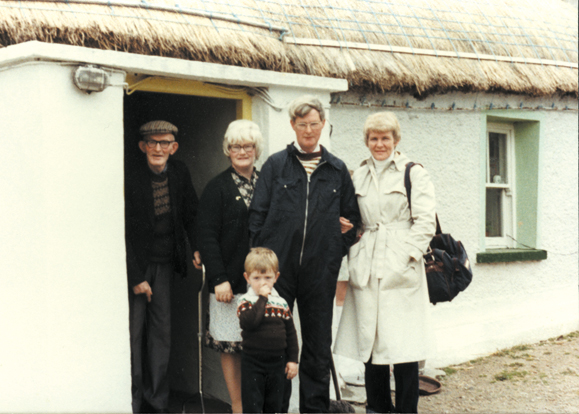 Paddy and his family on the steps of the old family cottage – from the left Paddy's father, his sister Mary and her son, Paddy and his cousin Phyllis.