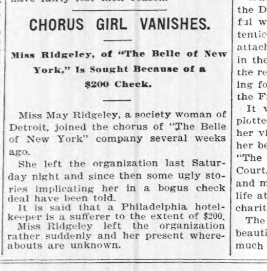 CHORAL GIRL VANISHES, NY Morning Telegraph, 1898.