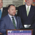 Speaker of New York City Council, Corey Johnson, at the Irish Arts Center. Pictured are Irish Taoiseach Leo Varadkar, Corey, Mayor Bill de Blasio, and Pauline Turley, the center's vice chair. Speaking at the event, which marked a $2.5 million grant from the Irish Government to the center, Johnson said: "The story of this project, in many ways, is the story of Ireland and the story of New York. It's persistent, gritty history of how we moved this project forward."