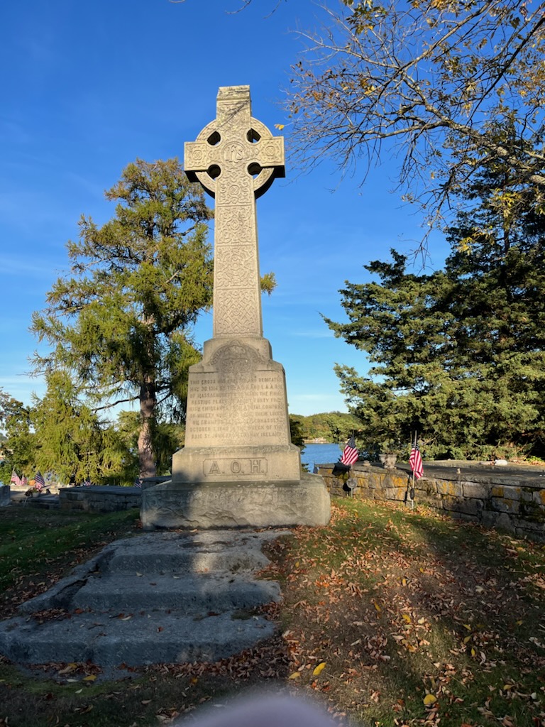 The Celtic cross that the Ladies' Ancient Order of Hibernians Auxiliary dedicated to Great Hunger victims at the Cohasset Cemetery in Massachusetts.