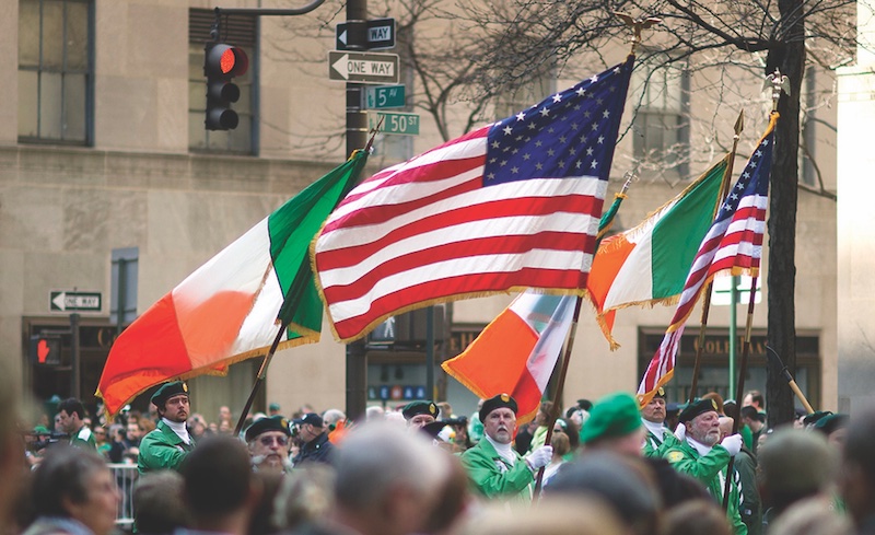 The Irish and American flags at the New York City St. Patrick's Day Parade.
