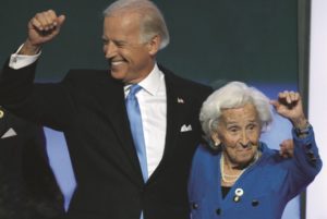 Vice President Joe Biden and his mother, Jean Finnegan Biden, on stage during the 2008 Democratic National Convention in Denver. Photo: AP