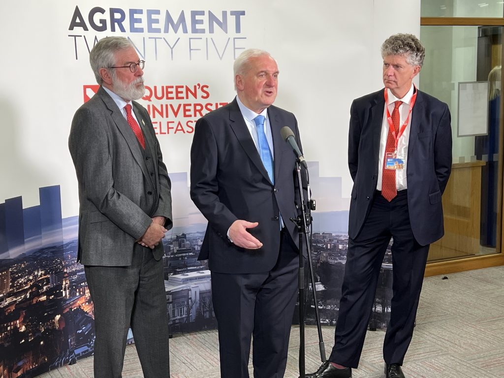 Gerry Adams, Bertie Ahern, and Jonathan Powell speak during a press conference