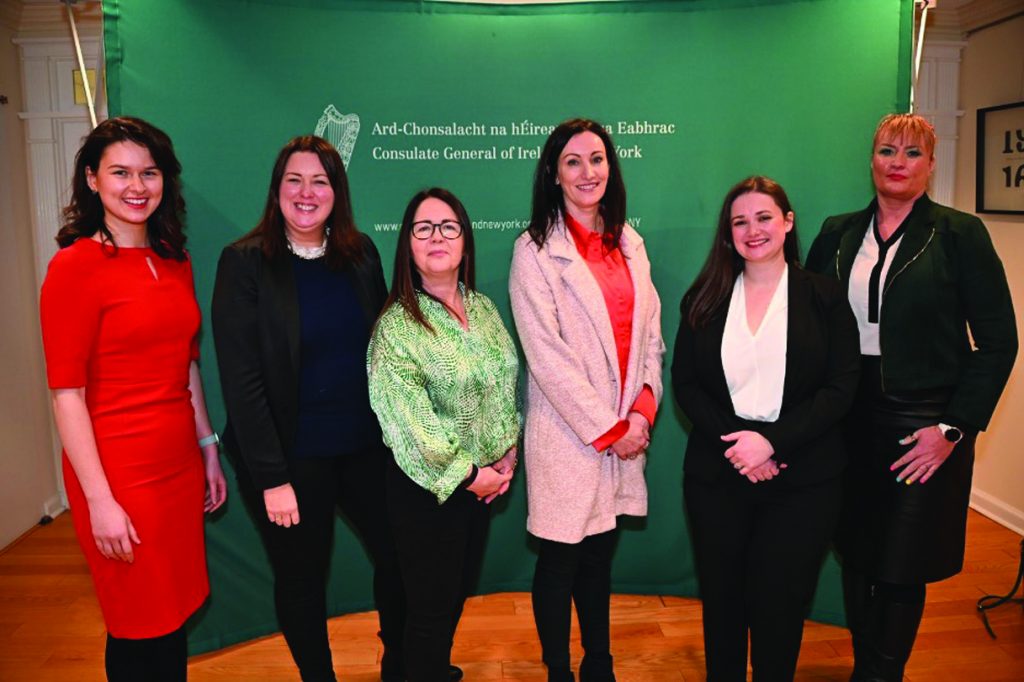 The women founders that presented at the St. Brigid's Day Event for AwakenHub. From left, Naomi McGregor, Movetru; Avril Power, giyst; Susan Kelly, aflo; Eileen Rafferty, Errigal Studios; Sian Farrell, StimOxyGen and Yvonne Comer, RugbySmarts at the Irish Consulate in New York City.