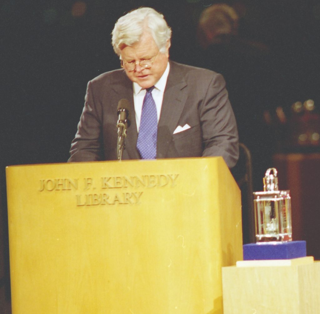 Senator Ted Kennedy speaks on December 7, 1998 as a special John F. Kennedy Profile in Courage Award was presented to eight political leaders of Northern Ireland and the American chairman George Mitchell.
