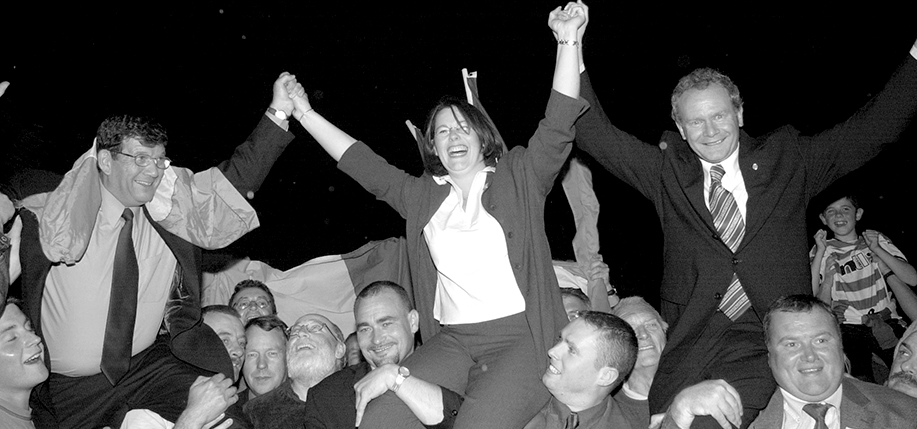 PACEMAKER BELFAST  9/6/2001:  Sinn Fein's Pat Doherty, Michelle Gildernew, and Martin McGuinness are raised shoulder high by supporters in Omagh after they were elected in West Tyrone, Fermanagh/ South Tyrone and Mid-Ulster constituencies to double their seats at Westminster. Photo: Stephen Davison