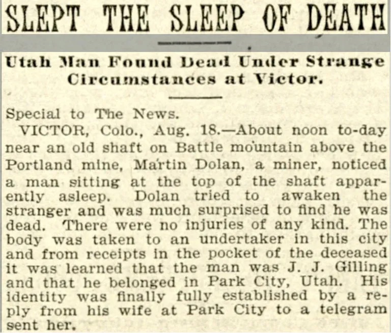 Slept the Sleep of Death, The Rocky Mountain News (Denver, CO), 19 August 1897. Colorado Historic Newspapers Collection. Colorado State Library.