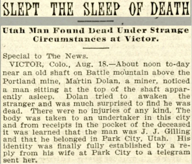 Slept the Sleep of Death, The Rocky Mountain News (Denver, CO), 19 August 1897. Colorado Historic Newspapers Collection. Colorado State Library.