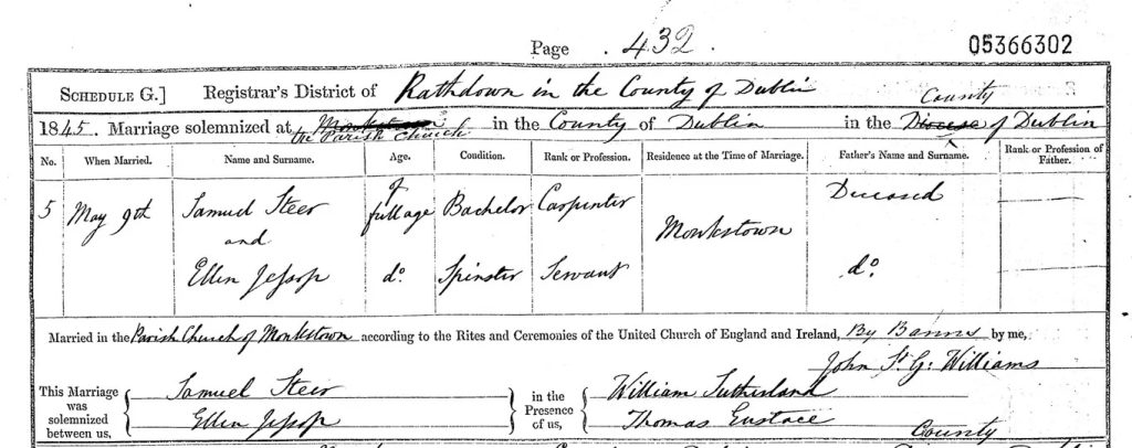 1845 Dublin marriage record of third great-grandparents (as seen on the Irish government’s invaluable site, IrishGenealogy.ie)
