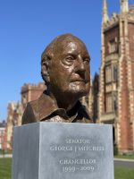 Photo of Bust of George Mitchell on display at Queen's University