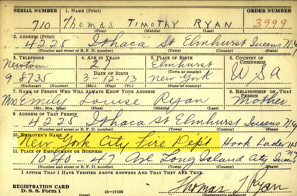 WWII draft registration for Thomas T. Ryan (Jr.), (Ancestry)