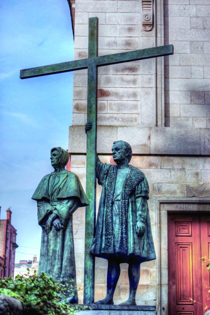 A statue of Margaret Ball and her grandson-in-law, Francis Taylor, stands in front of St. Mary’s Pro-Cathedral, Dublin. Margaret, arrested for giving refuge to a priest in her home, died in 1584. Francis, jailed 7 years without a charge or trial died in 1621.