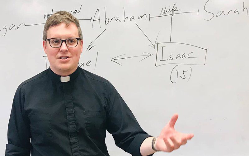 Sean Hagerty is shown in his classroom at Cheverus High School.