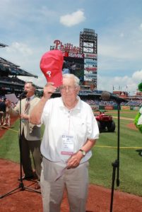 Tom Quinlan in 2013 when he was invited to announce the on-field introductions for the Philadelphia Phillies game.