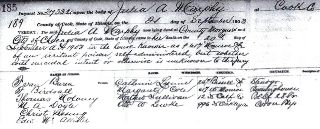 Cook County Coroner’s Inquest for Julia Murphy, 21 September 1903, Illinois Regional Archives Depository System
