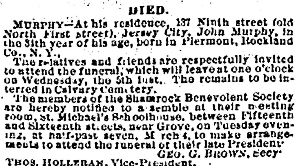 Obituary of John Murphy, Jersey City News, 4 March 1873 (Newspapers)