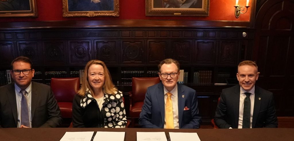 David Colberg, Alteryx Vice President of Global Government Affairs and Public Policy, Olivia ‘Libby’ Duane Adams, Alteryx Co-founder and Chief Advocacy Officer, President and Vice-Chancellor of Queen's University Belfast Professor Sir Ian Greer, and Vice President Dr. Ryan Feeney sign the agreement for an in-kind donation of $15 million. Photo: Queens University Belfast