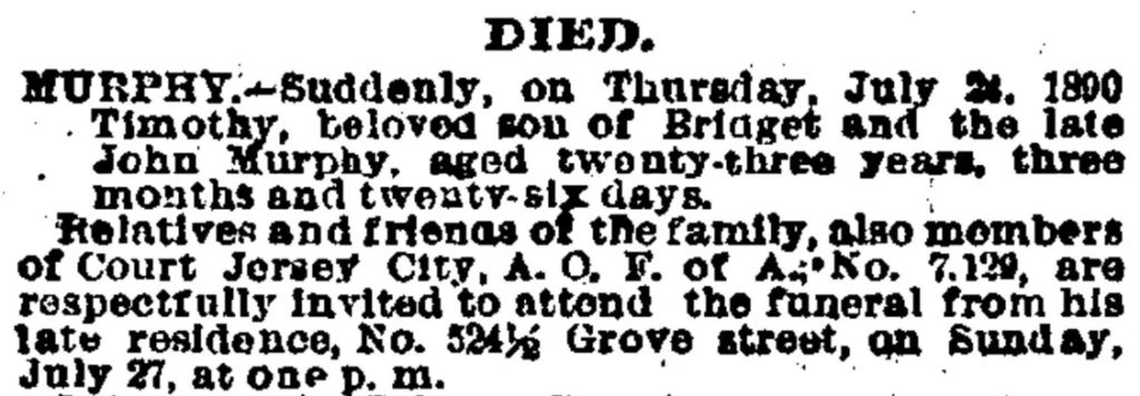 Obituary of Timothy Murphy, Jersey City News, 25 July 1890 (Newspapers)