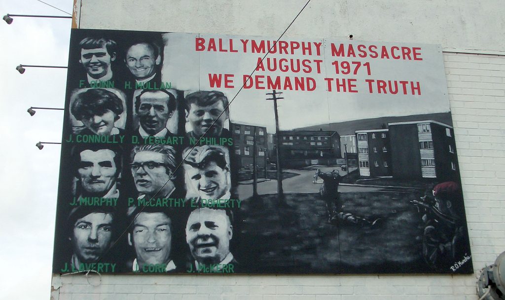 A mural in Belfast, Ireland, commemorating the victims of the Ballymurphy Massacre in 1971, when 11 unarmed civilians were killed by British soldiers.